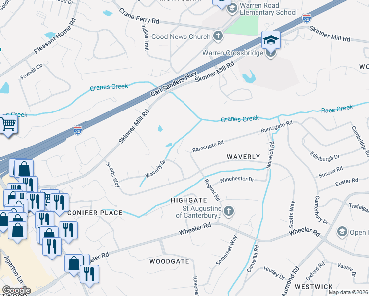 map of restaurants, bars, coffee shops, grocery stores, and more near 3249 Ramsgate Road in Augusta