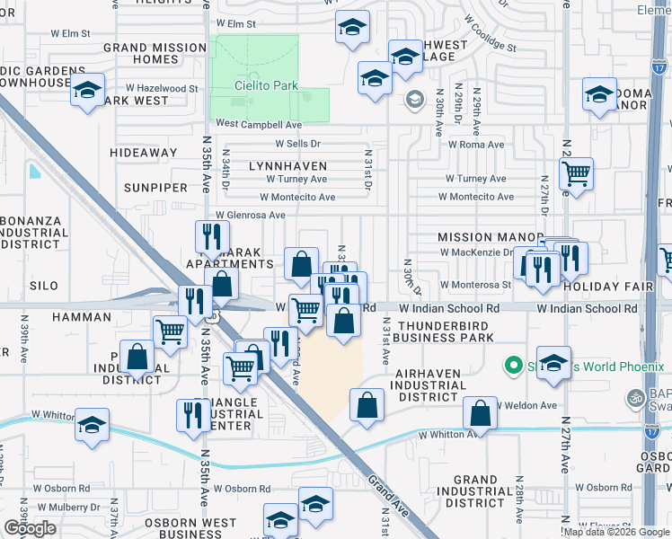 map of restaurants, bars, coffee shops, grocery stores, and more near 4140 North 32nd Avenue in Phoenix