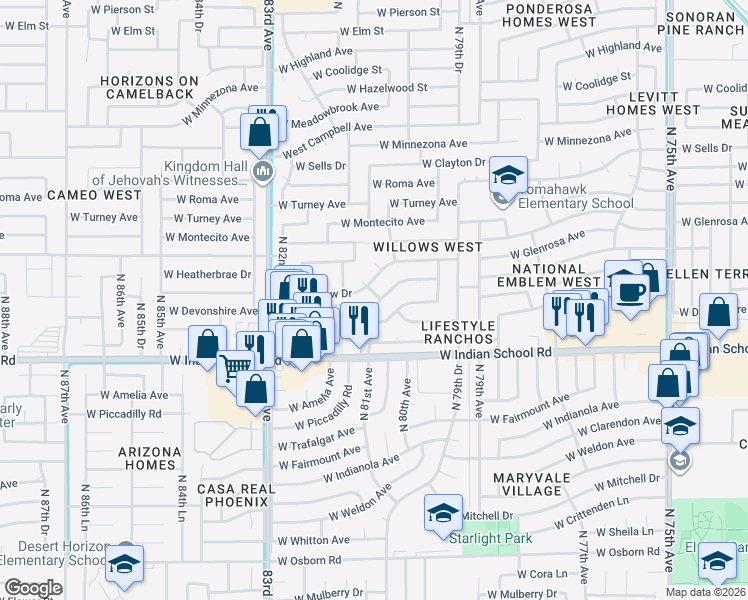 map of restaurants, bars, coffee shops, grocery stores, and more near 4160 North 81st Avenue in Phoenix
