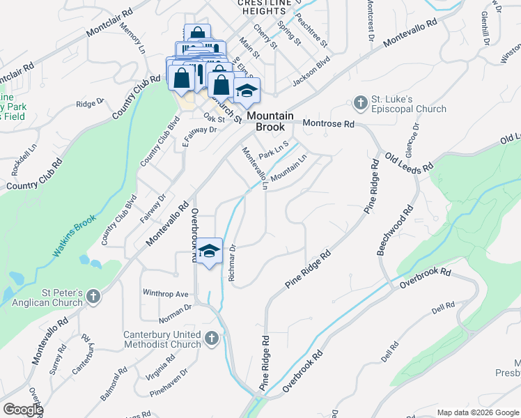 map of restaurants, bars, coffee shops, grocery stores, and more near 116 Montevallo Lane in Birmingham