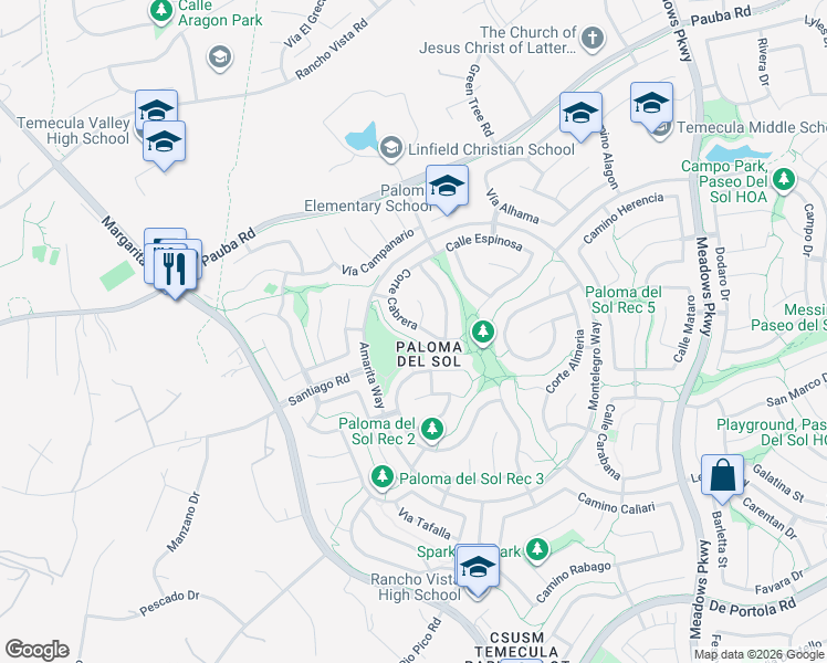 map of restaurants, bars, coffee shops, grocery stores, and more near 43153 Corte Cabrera in Temecula