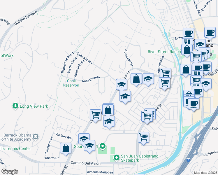 map of restaurants, bars, coffee shops, grocery stores, and more near 32151 Del Obispo Street in San Juan Capistrano