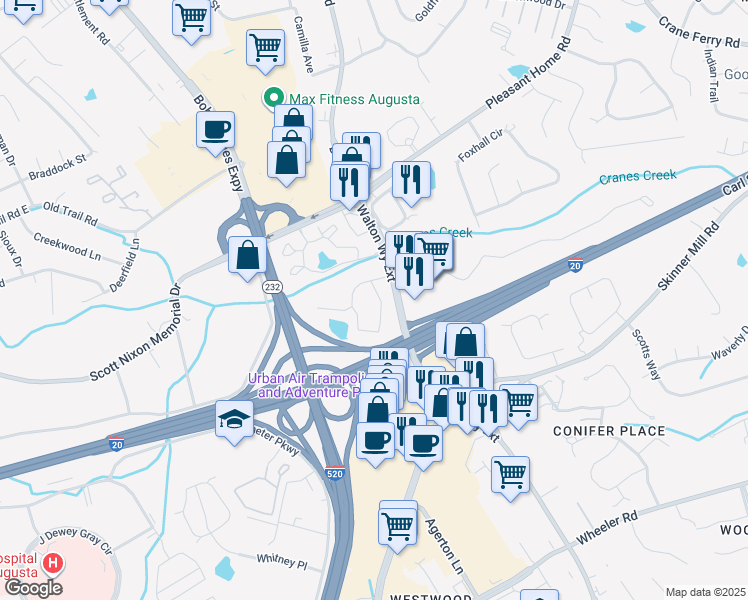 map of restaurants, bars, coffee shops, grocery stores, and more near 12 Colonial Village Apt in Augusta