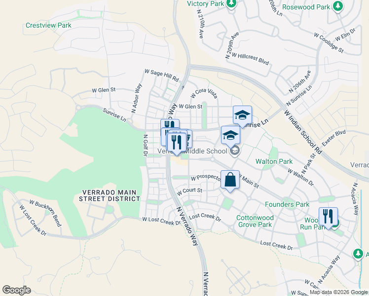 map of restaurants, bars, coffee shops, grocery stores, and more near 4239 North Village Street in Buckeye