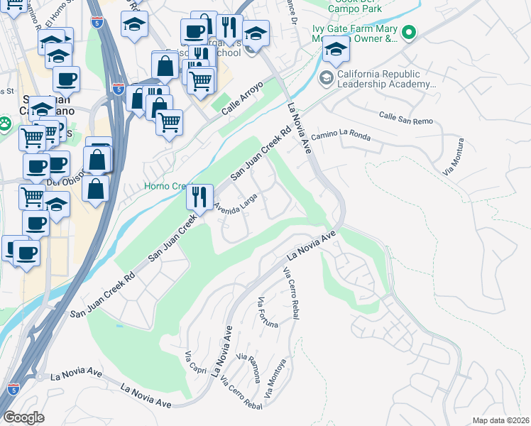 map of restaurants, bars, coffee shops, grocery stores, and more near 32097 Via Buena in San Juan Capistrano