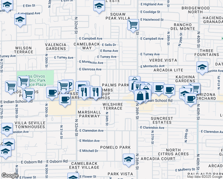 map of restaurants, bars, coffee shops, grocery stores, and more near 4132 North 34th Place in Phoenix