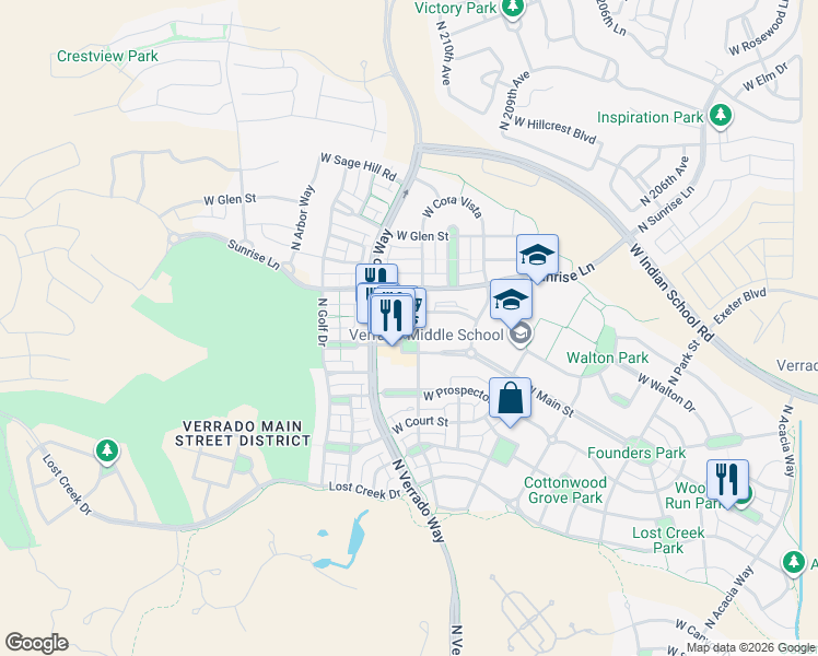 map of restaurants, bars, coffee shops, grocery stores, and more near 4239 North Village Street in Buckeye