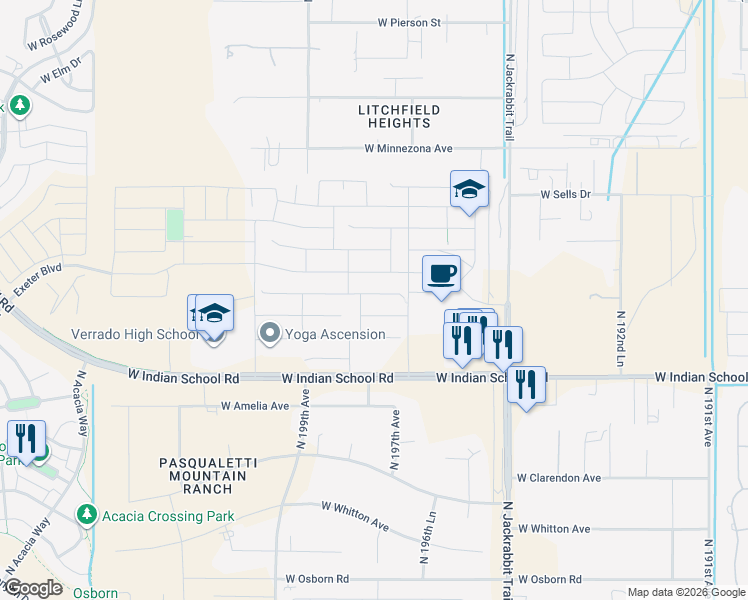 map of restaurants, bars, coffee shops, grocery stores, and more near 4295 North 197th Lane in Litchfield Park