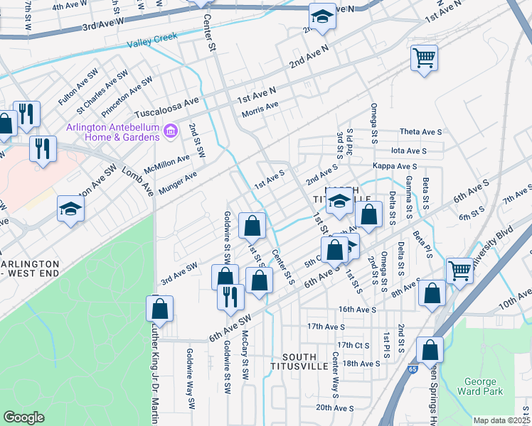 map of restaurants, bars, coffee shops, grocery stores, and more near 1 2nd Avenue South in Birmingham