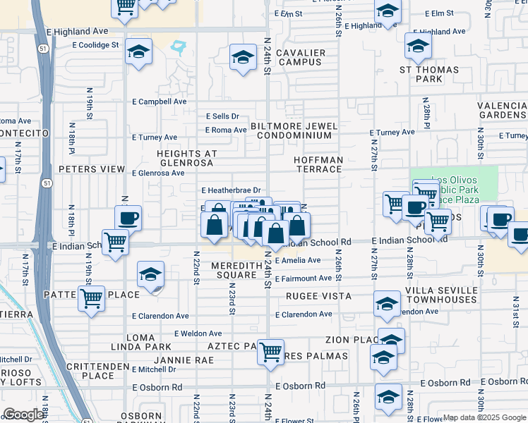 map of restaurants, bars, coffee shops, grocery stores, and more near 2345 East Devonshire Avenue in Phoenix