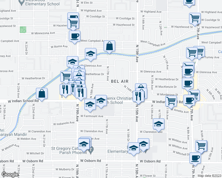 map of restaurants, bars, coffee shops, grocery stores, and more near 1701 West Devonshire Avenue in Phoenix