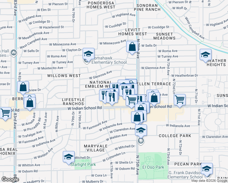 map of restaurants, bars, coffee shops, grocery stores, and more near 7609 West Devonshire Avenue in Phoenix