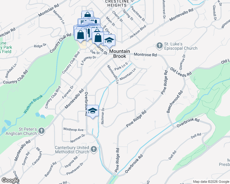 map of restaurants, bars, coffee shops, grocery stores, and more near 116 Montevallo Lane in Birmingham