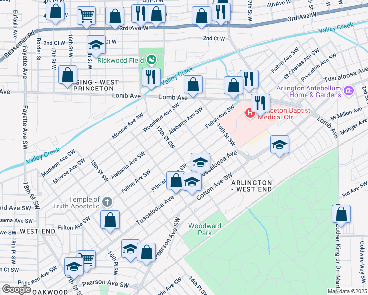 map of restaurants, bars, coffee shops, grocery stores, and more near 1129 Fulton Avenue Southwest in Birmingham