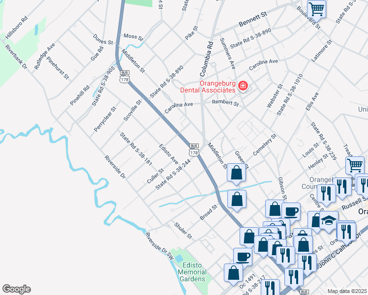 map of restaurants, bars, coffee shops, grocery stores, and more near 1845 Broughton Street in Orangeburg