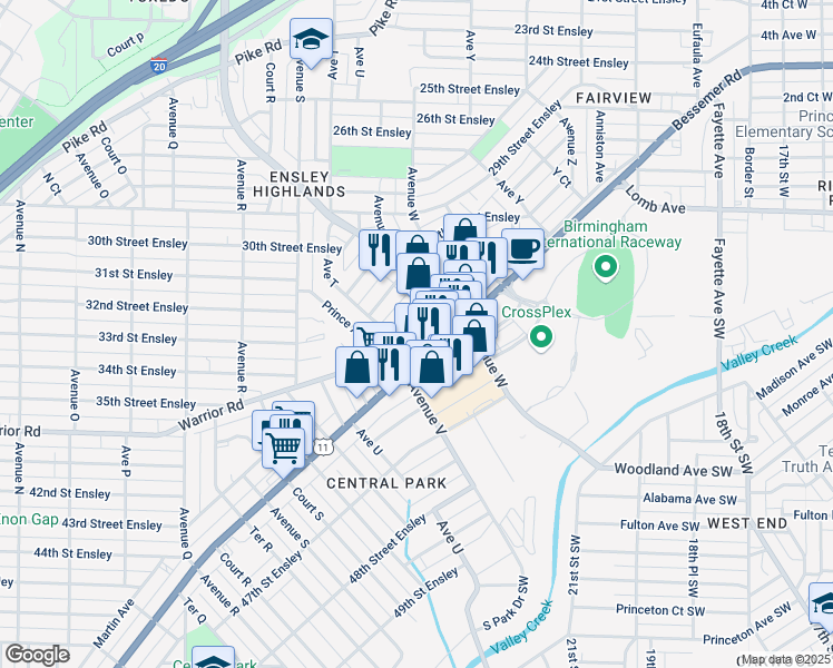 map of restaurants, bars, coffee shops, grocery stores, and more near 2204 Bessemer Road in Birmingham