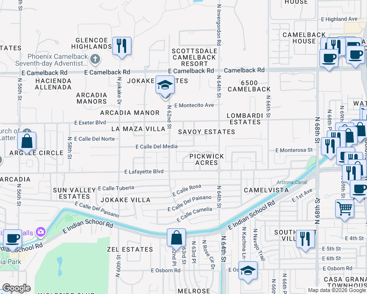 map of restaurants, bars, coffee shops, grocery stores, and more near 6221 East Calle Del Media in Scottsdale