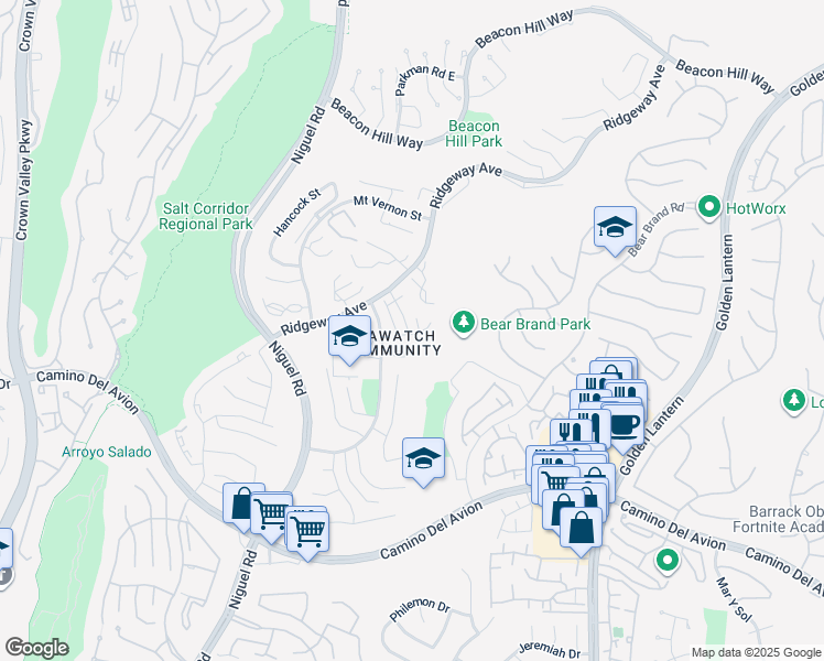 map of restaurants, bars, coffee shops, grocery stores, and more near 24 Camship in Laguna Niguel