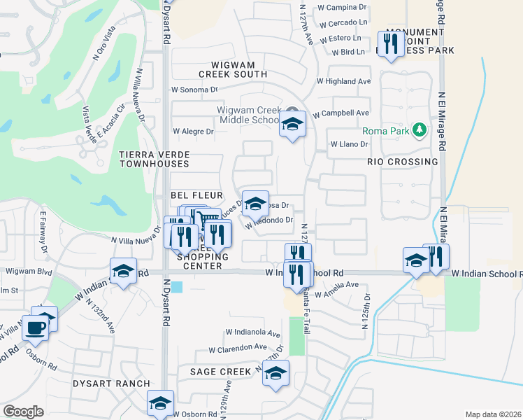 map of restaurants, bars, coffee shops, grocery stores, and more near 12823 West Glenrosa Drive in Litchfield Park