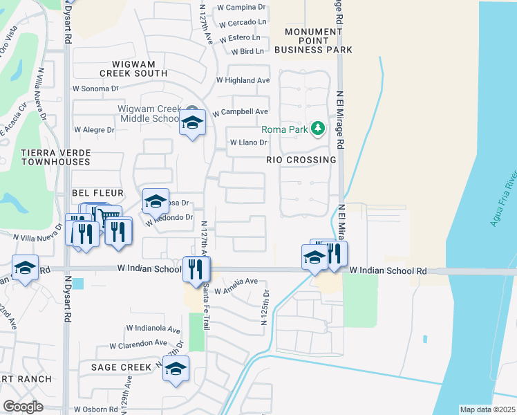 map of restaurants, bars, coffee shops, grocery stores, and more near 12511 West Glenrosa Drive in Litchfield Park