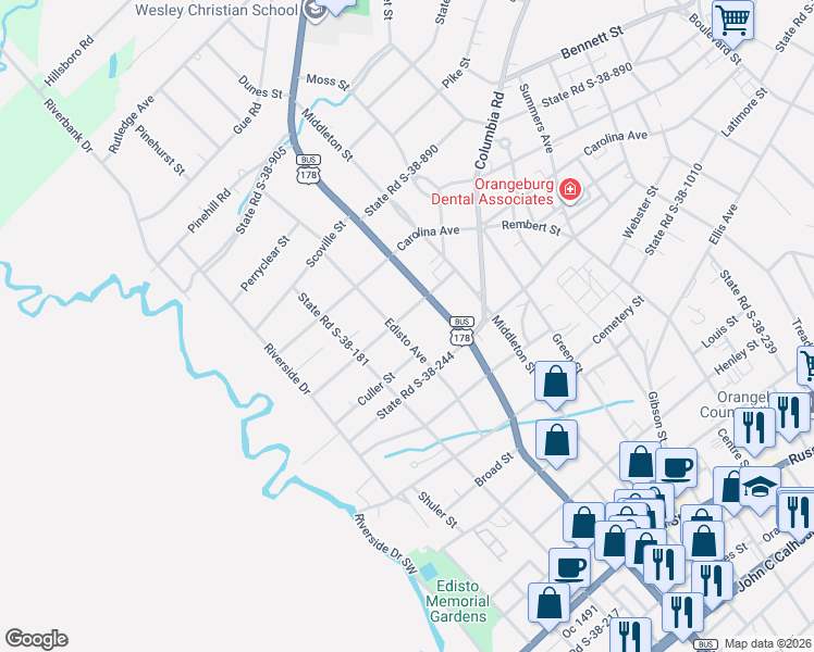map of restaurants, bars, coffee shops, grocery stores, and more near 1020 State Road S-38-1825 in Orangeburg