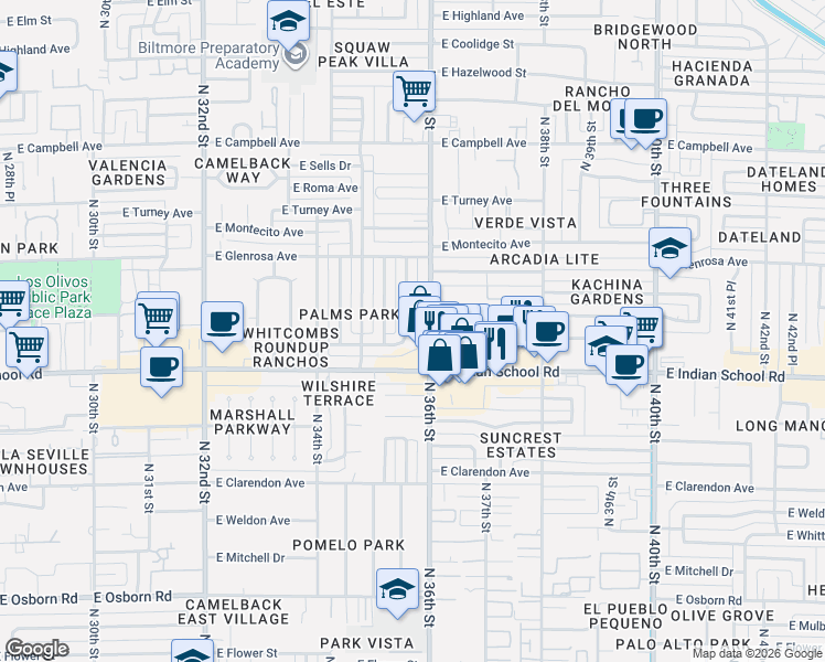 map of restaurants, bars, coffee shops, grocery stores, and more near 4135 North 35th Way in Phoenix