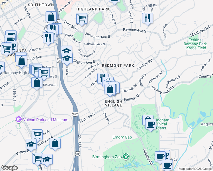 map of restaurants, bars, coffee shops, grocery stores, and more near 2630 Lanark Road in Birmingham