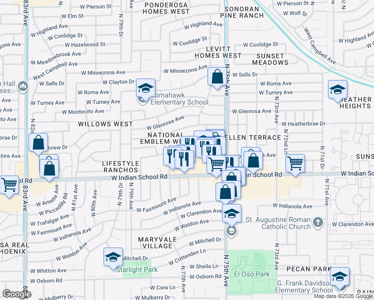 map of restaurants, bars, coffee shops, grocery stores, and more near 7609 West Devonshire Avenue in Phoenix
