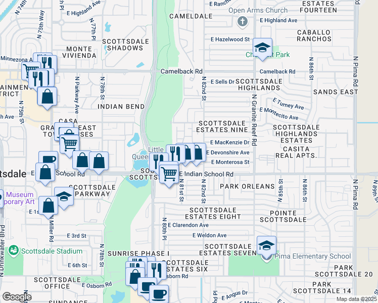 map of restaurants, bars, coffee shops, grocery stores, and more near 4153 North 81st Street in Scottsdale