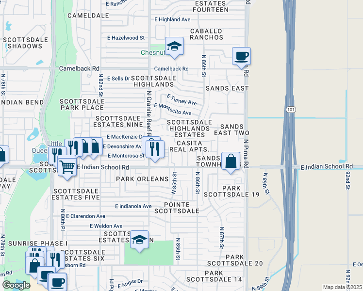 map of restaurants, bars, coffee shops, grocery stores, and more near 8558 East Indian School Road in Scottsdale