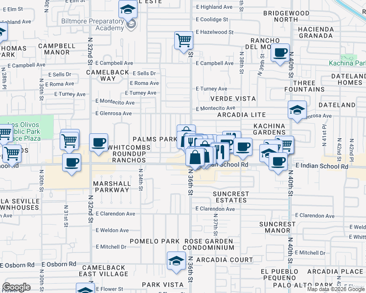 map of restaurants, bars, coffee shops, grocery stores, and more near 4135 North 35th Way in Phoenix