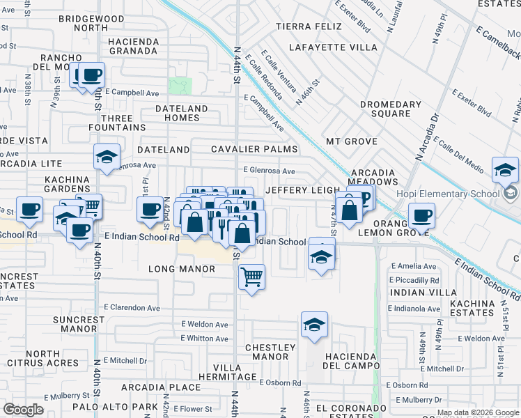 map of restaurants, bars, coffee shops, grocery stores, and more near 4432 East Monterosa Street in Phoenix