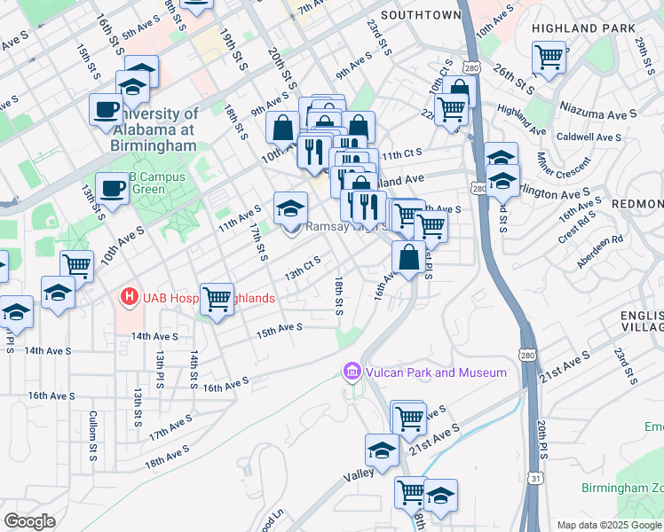map of restaurants, bars, coffee shops, grocery stores, and more near 1901 14th Avenue South in Birmingham