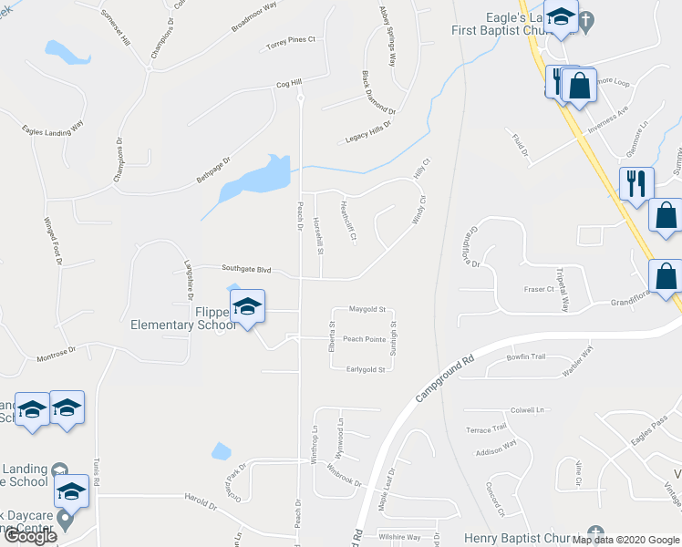map of restaurants, bars, coffee shops, grocery stores, and more near 125 Windy Circle in McDonough