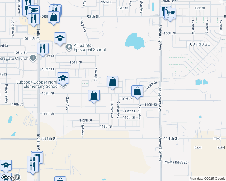 map of restaurants, bars, coffee shops, grocery stores, and more near 10706 Detroit Avenue in Lubbock
