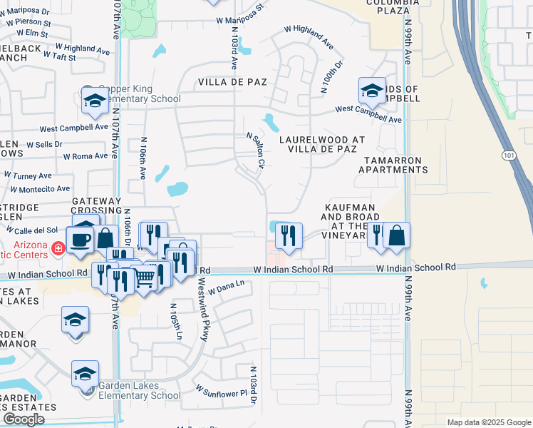 map of restaurants, bars, coffee shops, grocery stores, and more near 4244 North 103rd Avenue in Phoenix