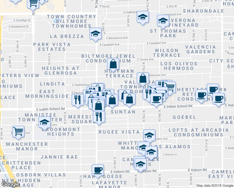 map of restaurants, bars, coffee shops, grocery stores, and more near 2513 East Devonshire Avenue in Phoenix