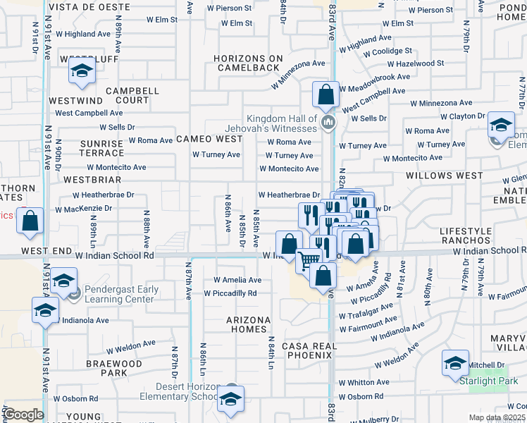 map of restaurants, bars, coffee shops, grocery stores, and more near 8451 West MacKenzie Drive in Phoenix