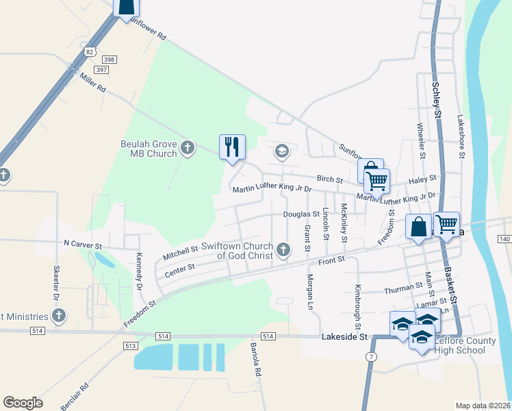 map of restaurants, bars, coffee shops, grocery stores, and more near 107 Jefferies Street in Itta Bena