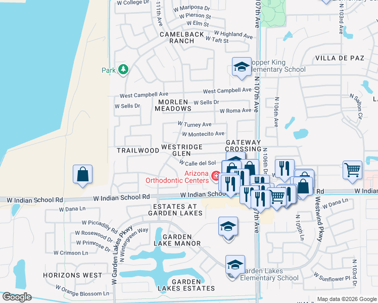 map of restaurants, bars, coffee shops, grocery stores, and more near 10930 West Heatherbrae Drive in Phoenix
