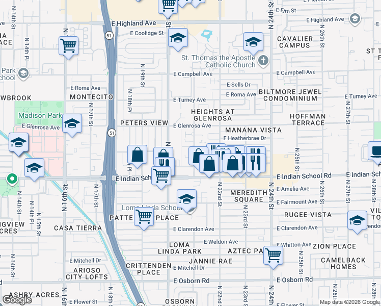 map of restaurants, bars, coffee shops, grocery stores, and more near 4144 North 21st Street in Phoenix