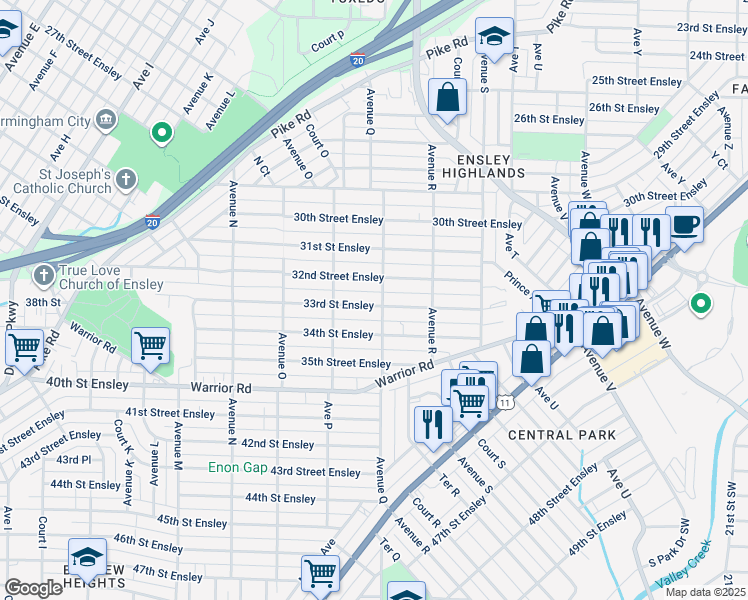 map of restaurants, bars, coffee shops, grocery stores, and more near 1644 33rd Street Ensley in Birmingham