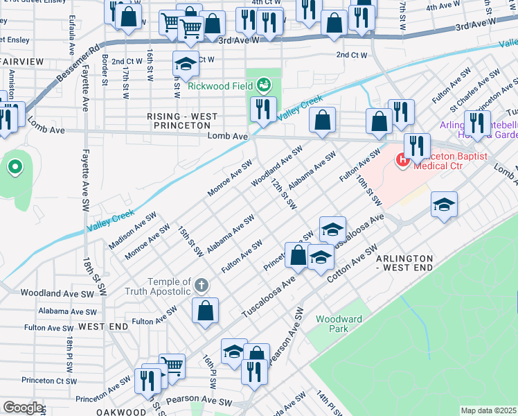 map of restaurants, bars, coffee shops, grocery stores, and more near 331 13th Street Southwest in Birmingham