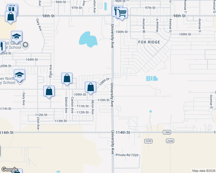 map of restaurants, bars, coffee shops, grocery stores, and more near 2505 108th Place in Lubbock
