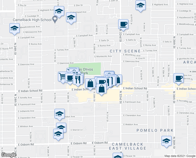 map of restaurants, bars, coffee shops, grocery stores, and more near 3033 East Devonshire Avenue in Phoenix