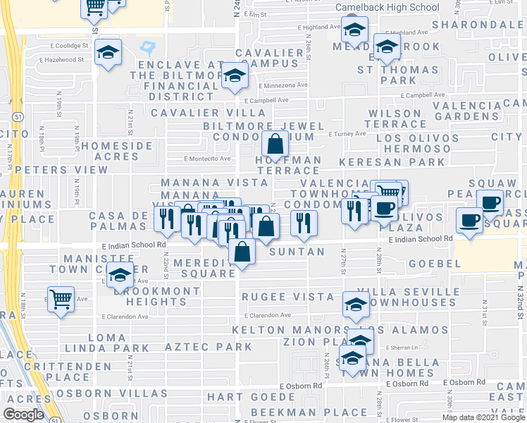 map of restaurants, bars, coffee shops, grocery stores, and more near 4150 North 25th Street in Phoenix