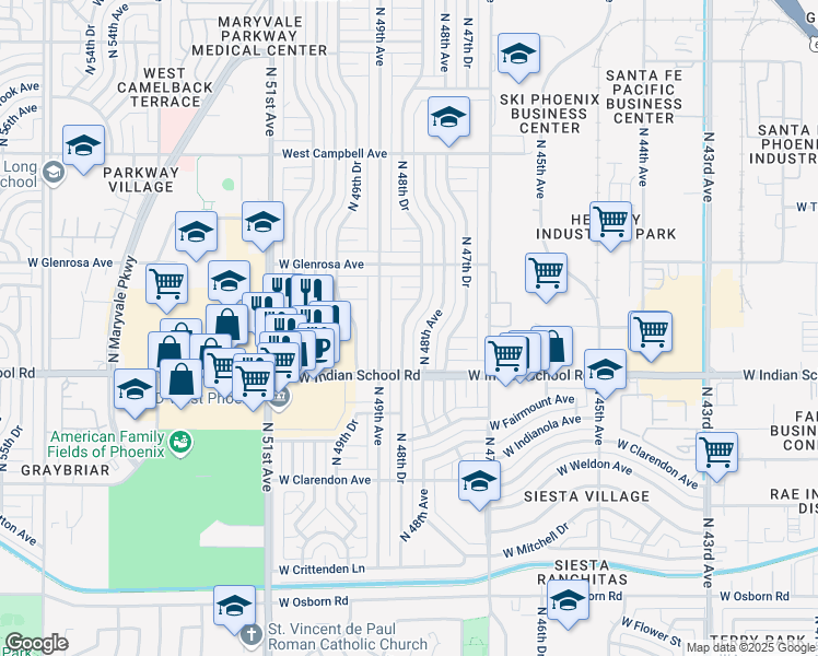 map of restaurants, bars, coffee shops, grocery stores, and more near 4142 North 48th Drive in Phoenix