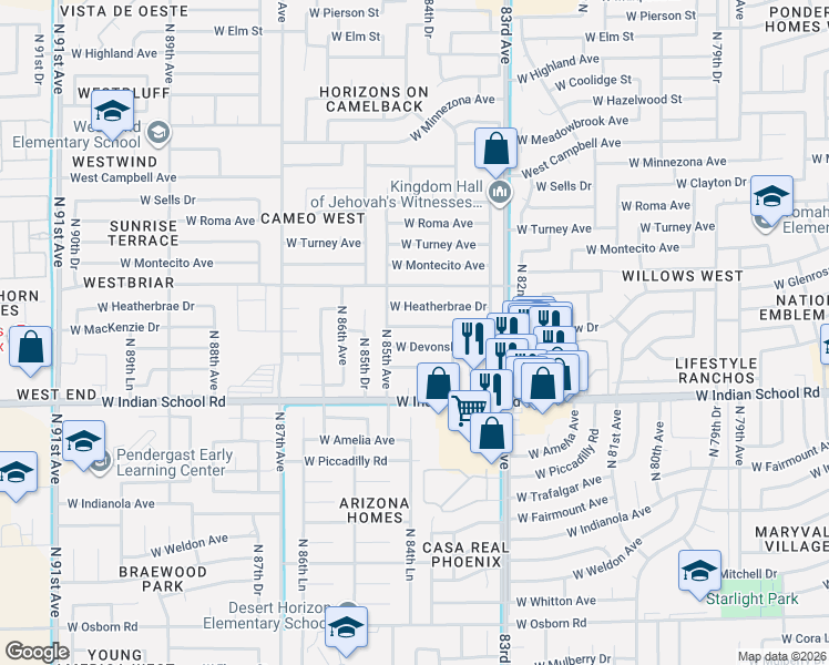 map of restaurants, bars, coffee shops, grocery stores, and more near 8451 West Mackenzie Drive in Phoenix