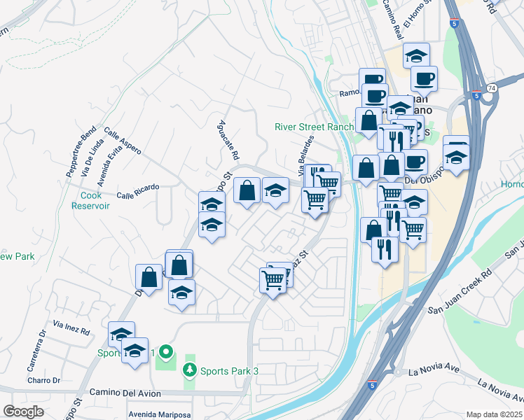 map of restaurants, bars, coffee shops, grocery stores, and more near 32111 Via De Aguila in San Juan Capistrano