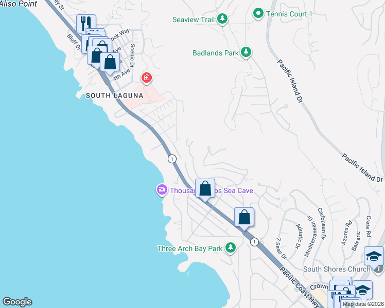 map of restaurants, bars, coffee shops, grocery stores, and more near 27 North Vista De Catalina in Laguna Beach